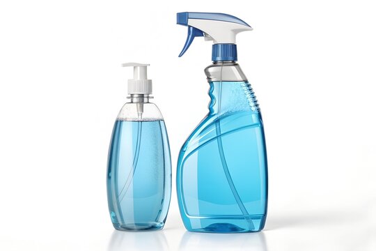Transparent plastic spray bottle and soap dispenser filled with vibrant blue liquid cleaning solution isolated on a clean white studio background for professional product design