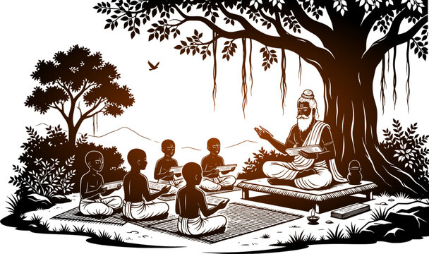 Ancient Indian Gurukul education system vector illustration with a wise guru sage teaching disciples students under a banyan tree in a traditional outdoor ashram setting.