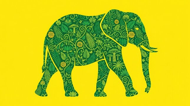 Elephant silhouette filled with intricate green floral patterns