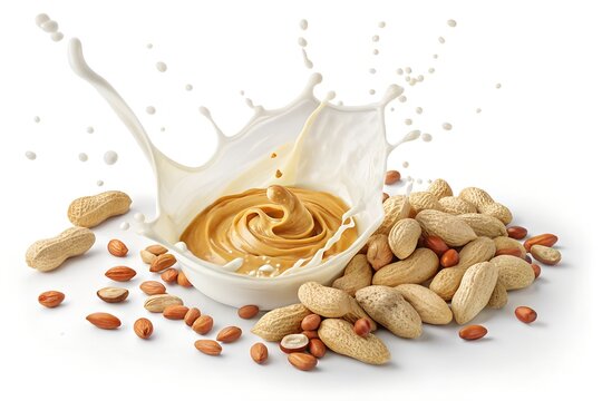 Creamy peanut butter swirling inside a white bowl with a dynamic splash of fresh milk surrounded by scattered raw peanuts on a clean white background
