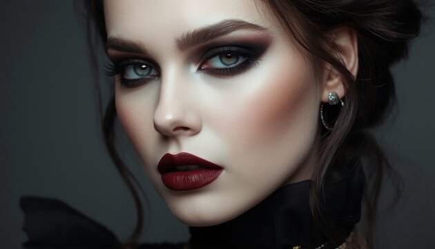 Beautiful Young Woman with Dramatic Gothic Makeup Smokey Eye and Dark Red Lips High Fashion Portrait