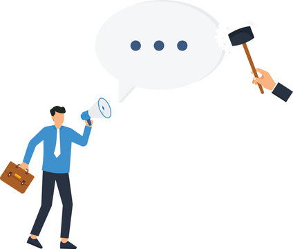 Businessman speaking communication breakdown censorship concept silencing voice speech bubble sledgehammer hitting corporate criticism flat design modern illustration business conflict