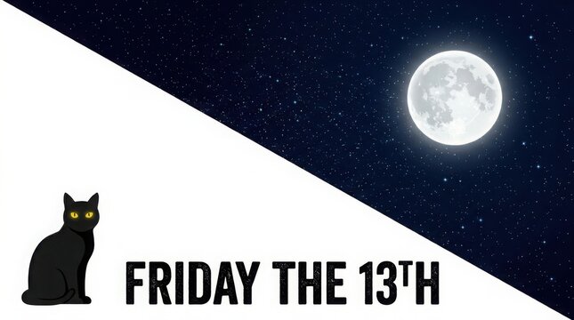 Friday the 13th spooky design with black cat and full moon