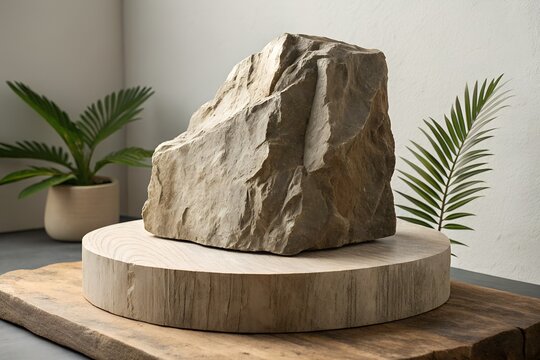A rugged textured granite stone sits prominently atop a large circular wooden pedestal display base featuring natural wood grain patterns in a bright minimalist interior setting
