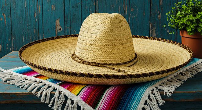 Traditional straw sombrero on vibrant serape, rustic table, with a green potted plant.