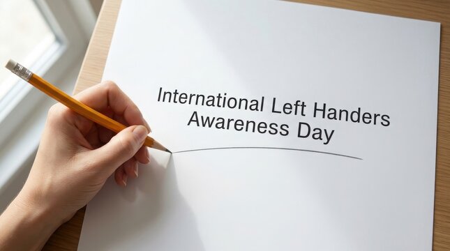 Hand writing international left handers awareness day on paper