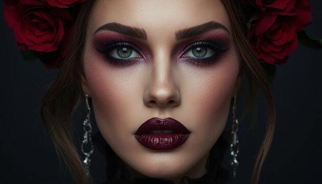 Stunning Woman with Green Eyes, Dramatic Burgundy Makeup, and Red Roses Crown in Studio Portrait
