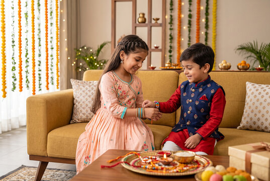 Celebrating Raksha Bandhan festival with sister tying rakhi on little brother