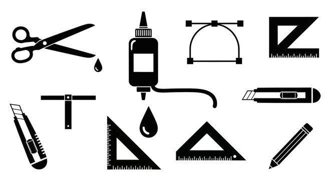 School supplies icons set with representing various school displays collection black black white protractor stationery education scissors with triangle