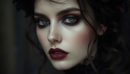 Fototapeta premium Close-up Portrait of a Beautiful Young Woman with Dark Gothic Makeup, Smokey Eyes, and Red Lips