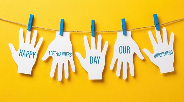 Paper cutouts of hands hanging on a string for lefthanders day