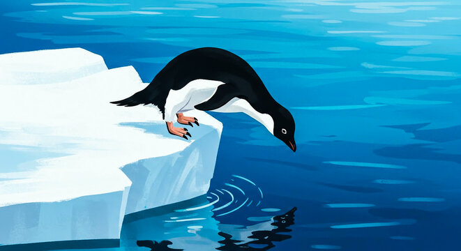 Adelie Penguin Leaning Over Melting Ice Floe in Antarctic Ocean, Reflecting in Blue Water.