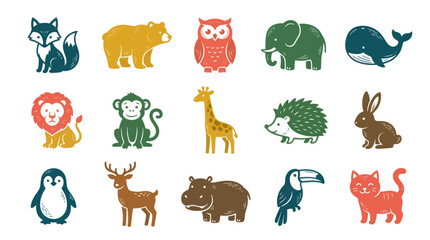 Fototapeta premium Wildlife and Pet Animals Textured Icon Set. Hand-Drawn Minimalist Style for Kids Designs.