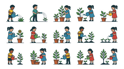 Fototapeta premium Children watering plants, gardening flat illustration, kids caring for nature