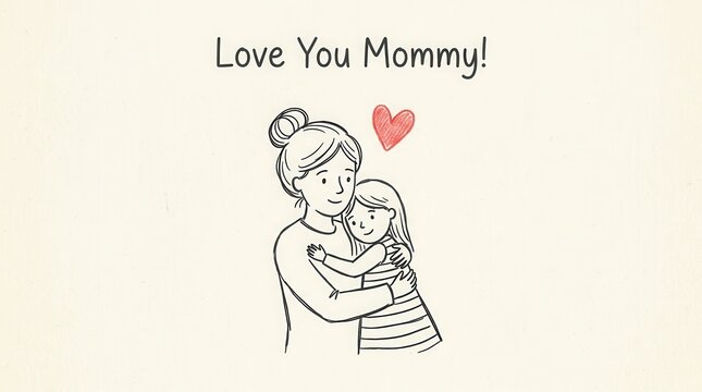 A mother and daughter hugging, line art illustration