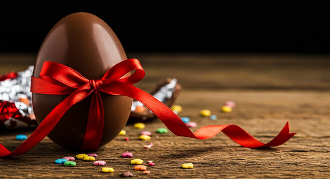 Festive chocolate Easter egg with a red ribbon and colorful sprinkles on a rustic wooden table.