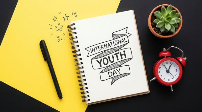International youth day text on notebook with pen and clock