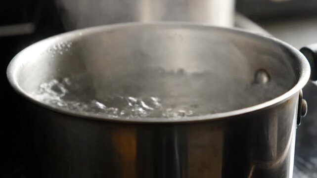 Boiling water with steam in a stainless steel pot