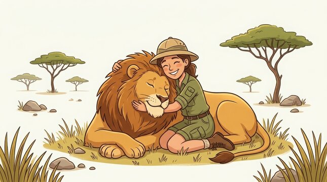 Cartoon safari girl hugging a friendly lion in savanna