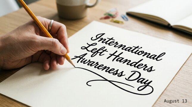 Hand writing international left handers awareness day on paper