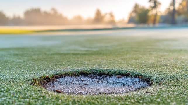 divot. Morning dew on a repaired divot on a golf course green. product launch decks, UI/UX mockups, data dashboards, designed for product launches and innovation pitches, used by devops engineers.
