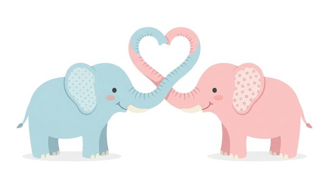 Cute blue and pink elephants forming a heart with trunks