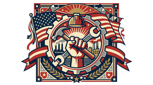 Construction workers celebrate Labor Day with American flags and tools icon