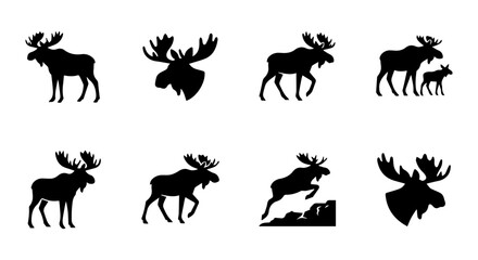 Fototapeta premium Moose Silhouette Collection, Wildlife Animal Icons, Vector Art Set, Nature Graphics