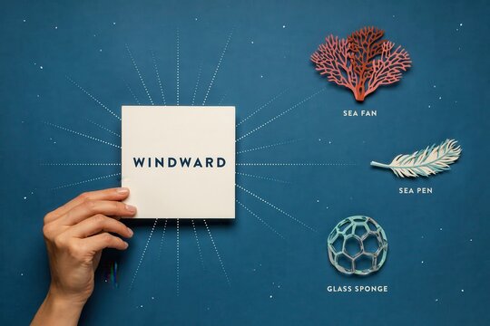 A hand holds a card with the word WINDWARD near sea fan, sea pen, and glass sponge illustrations on a blue background.