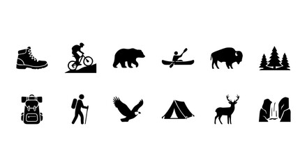 Obraz premium Outdoor Adventure Icons Set: Hiking, Camping, Wildlife, and Nature Vector Graphics