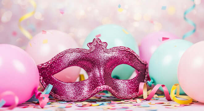 Vibrant pink glitter masquerade mask with pastel balloons, confetti, and curling ribbons