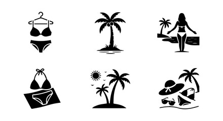 Fototapeta premium Summer Beach Icons Set, Bikini Swimwear Graphics, Tropical Palm Trees, Vacation Holiday Vector Collection