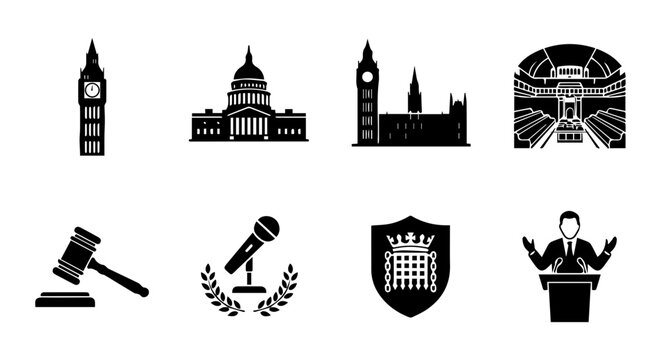 Government and Law Icons: Parliament, Gavel, Speaker, Big Ben, Capitol Building