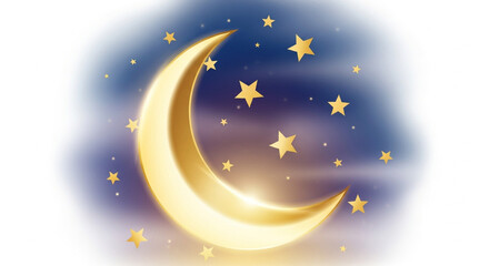 Fototapeta premium Golden Crescent Moon and Stars Night Sky Illustration