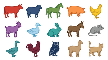 Fototapeta premium Cute Farm and Domestic Animals Vector Set. Hand-drawn Cartoon Style Illustrations of Pets and Livestock