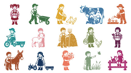 Fototapeta premium Colorful Retro Line Art Vector Illustrations Set of Kids Farming, Rural Life and Farm Animals