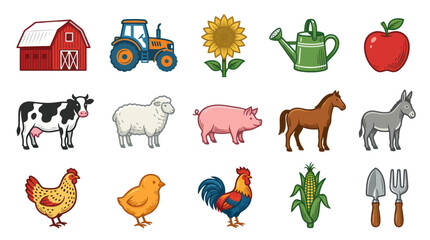 Obraz premium Colorful Cartoon Farm Agriculture Icons Collection: Barn, Animals, Plants, Tools Tractor Vector Illustration Set