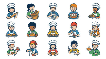 Fototapeta premium Cute cartoon bakers children kids cooking baking pastries, flat vector art