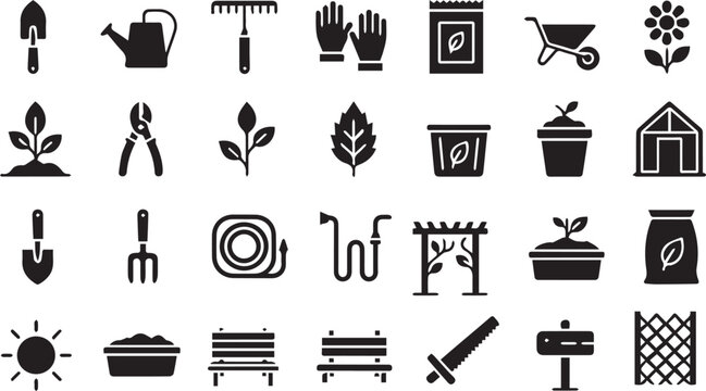 Gardening tools and icons for planting and landscaping  essential equipment for gardeners and landsc. 