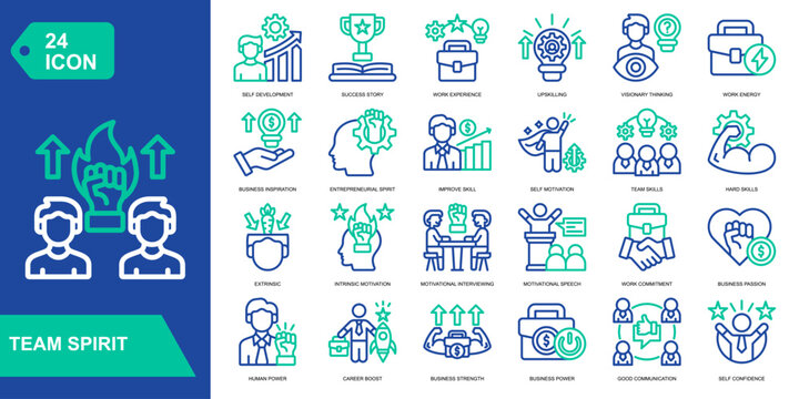 Team Spirit icon collection set. Self Development,Success Story,Work Experience,Upskilling. Line Color vector icons