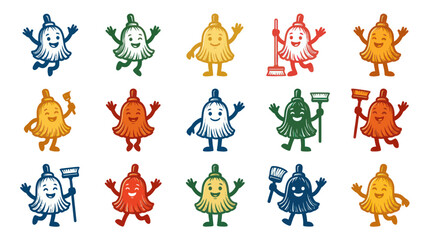 Obraz premium Happy Cleaning Broom Mascot Characters Vector Set