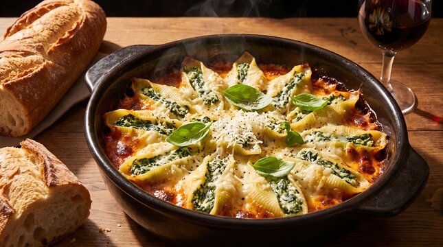 Baked stuffed pasta shells with spinach and cheese in tomato sauce