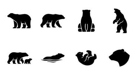 Polar Bear Silhouettes Collection, Arctic Wildlife Icons, Diverse Poses Vector Set © h