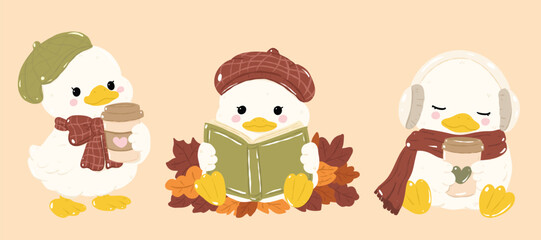 Fototapeta premium cute duck illustration series , depicting autumn theme. The duck on the left wears a hat and scarf, holding a cup of coffee. The middle duck is reading a book surrounded by fallen leaves.