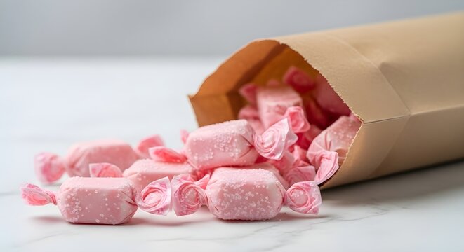 Pink wrapped taffy candies spilling out of a brown paper bag