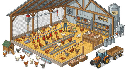 Isometric illustration of a lively poultry farm with a farmer, chickens, and fresh eggs. © Panji