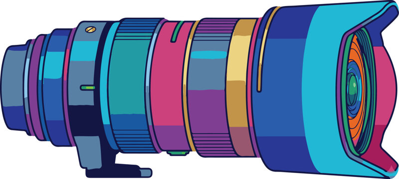 Colorful camera lens, photography equipment, vector illustration, vibrant colors, optical instrument
