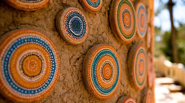 earthen. Close-up of textured wall with vibrant traditional Indian folk art patterns. event programs, museum guides, designed for cultural heritage projects and event programs.