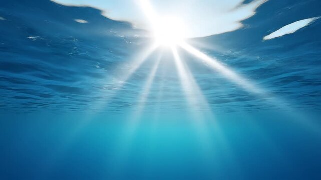 水面から美しい太陽光線が降り注ぐ透明感あふれる水中背景動画素材