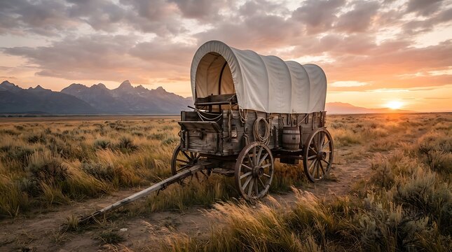 Pioneer covered wagon on the open prairie at sunset